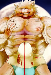 abs anthro anthro_only athletic balls biceps bulge canine clothed clothing erect_nipples full_moon fur furry furry_tail hatake looking_at_viewer male_only mammal moon muscular night nipples no_humans penis sharp_teeth smile smirk solo sweat teeth torn_clothing underwear were werewolf white_fur