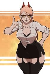 1girls big_breasts black_bra black_thighhighs bottomwear bra breasts chainsaw_man cleavage clothing demon demon_girl demon_horns eyewear female female_only garter_straps garterstraps glasses hips horns kazuarts legwear power_(chainsaw_man) sharp_teeth shirt solo solo_female thighhighs thighs topwear white_shirt wide_hips yellow_eyes
