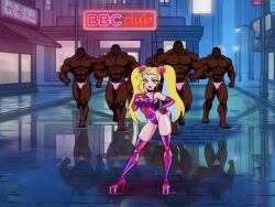 1girls 6boys 90s ai_generated bald_male big_penis bimbo blacked_waifu_stories blonde_hair bubble_butt dancing dark-skinned_male darkinkduck female interracial latex light-skinned_female lola_sparkle_(darkinkduck) long_hair male muscular muscular_male neon_lights night original_character platform_heels puddle retro_artstyle slim_waist smaller_female straight tagme teenager twintails video