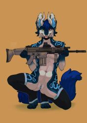 absurd_res andromorph anthro blue_body blue_fur blue_hair blue_inner_ear_fluff blue_markings blue_tail blue_vulva canid canine canis clothing crouching dragon ear_piercing facial_piercing fangs fur genitals green_eyes gun hair heterochromia hi_res holding_object holding_weapon horn hybrid inner_ear_fluff intersex jeanwoof kneeling legwear looking_at_viewer mammal markings monarch_(tab) mythological_creature mythological_scalie mythology nose_piercing piercing pink_eyes ranged_weapon scalie septum_piercing simple_background smile solo stockings tail teeth tuft vulva weapon white_body white_fur wolf