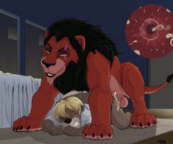 2025 animal_genitalia anthro anthro_on_feral anthro_penetrated ass_up balls bedroom big_dom_small_sub black_hair blonde_hair blue_ear_piercing bodily_fluids claws clenched_teeth closed_eyes clothing colored cum cum_in_ass cum_inside dated disney dominant duo ejaculation eyewear feet felid feral feral_penetrating feral_penetrating_anthro fur genital_fluids genitals glasses hair hi_res impregnation inside internal larger_feral lion looking_pleasured male male/male male_impregnating_male mammal mostly_nude mustelid night nude_feral nude_male on_rug on_the_floor orange_body orange_fur orgasm_face otter ovum pandottermon pantherine parker_(pandottermon) penetration pregnant pregnant_male raised_tail rug scar_(the_lion_king) sex sheath shirt signature size_difference sperm_cell tail teeth the_lion_king topwear torn_sheets whiskers wince zoophilia