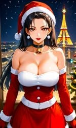 ai_generated alluring asian_female balcony beautiful_woman bell billiemi02 buildings busty chizuru_kagura christmas christmas_tree city_background city_lights collar collarbone curvy decorations eiffel_tower eyeshadow fantasy female_only fighting_game headband king_of_fighters kof large_breasts lipstick long_black_hair looking_at_viewer merry_christmas night paris santa_costume santa_hat sexy shoulderless_dress smiling snk snowing stable_diffusion upper_body video_game_character video_game_franchise video_games voluptuous_female waifu_material