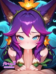 1boy 1girl alternate_hair_color animal_ears artist_name bare_shoulders blue_eyes blush breasts fellatio flower hair_flower hair_ornament hetero long_hair looking_at_viewer multicolored_hair oral penis pov purple_hair solo_focus symbol-shaped_pupils tail uncensored vastaya water watermark whisker_markings ahri rating:explicit ai_generated ai_assisted