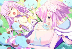 2girls anus blush breasts breasts_out color cpu_(neptunia) cpu_candidate d-pad d-pad_hair_ornament dogoo female female_only fingering flat_chest goddess hair_ornament hand_in_panties highres long_hair long_purple_hair multiple_girls nepgear neptune_(neptunia) neptunia_(series) nipples open_mouth outdoors panties purple_eyes purple_hair pussy pussy_juice short_hair short_purple_hair simple_background slime slime_monster spread_legs tianya_beiming underwear video_games yuri