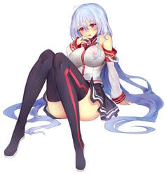 bare_shoulders black_skirt black_thighhighs breasts chidorigafuchi_aine detached_sleeves female full_body huge_breasts long_hair masou_gakuen_hxh nipple_bulge nipples no_bra pleated_skirt red_eyes school_uniform see-through silver_hair simple_background sitting solo thigh_boots white_background white_shirt zhu_fun