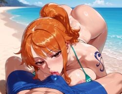 1boy 1girls ai_generated all_fours areola_slip arm_tattoo ass balecxi bangs bare_shoulders beach bikini bikini_top_only blue_sky blush bottomless breast_press breasts brown_eyes bulge cleavage clothing cloud curvaceous curvaceous_female curvaceous_figure curvy curvy_figure day erection erection_under_clothes exhibitionism eyelashes fellatio female female_focus green_bikini imminent_fellatio large_breasts licking licking_penis lips long_hair looking_at_viewer lying male male_swimwear nami_(one_piece) nipple_slip ocean one_piece oral orange_hair outdoor_nudity outdoor_sex outdoors outside penis ponytail pov_crotch precum saliva sand shoulder_tattoo sidelocks sky solo_focus straight sweat swimsuit tattoo thighs tongue tongue_out tree uncensored voluptuous voluptuous_female water wet