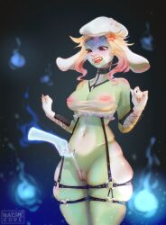 ambiguous_gender angry anthro black_background blue_background breasts clothing crop_top cross-popping_vein disembodied_hand duo female female/ambiguous female_anthro genitals gradient_background green_body hi_res lagomorph leporid mammal multicolored_body nacrecore nipples panties pussy_floss rabbit shirt simple_background standing thick_thighs topwear translucent translucent_clothing translucent_crop_top translucent_shirt translucent_topwear underwear vulva white_body