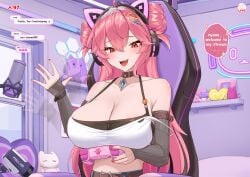 1girls alternate_version_available cat_headphones choker controller english_text female female_only fingerless_elbow_gloves gloves guardian_tales hair_between_eyes headphones holding_object kuda_aer_(artist) livestream long_gloves nail_polish pink_hair red_eyes ruri_(guardian_tales) stream_chat streamer streamer_ruri_(guardian_tales) streaming tagme text twin_buns waving waving_at_viewer