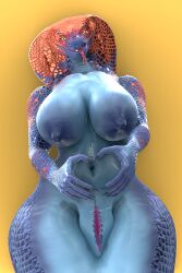 anthro apode big_breasts breasts draconcopode elsera female fingers genitals hi_res legless long_tail naga natural_breasts navel nipples non-mammal_nipples orange_eyes purple_body reptile scalie serpentine snake solo split_form tail vulva