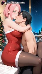 1boy 1girls 2025 ai_assisted ai_generated animal_costume anime artist_name bell black_hair boruto boruto:_naruto_next_generations christmas christmas_lights christmas_ornaments city_lights cityscape explicit fireplace fur_trim gift green_eyes hat hi_res high_quality high_resolution highres indoors light_particles merry_christmas moonlight naruto naruto_(classic) naruto_(series) naruto_shippuden night night_sky open_window ornament pantyhose patreon patreon_username pink_hair red_dress sakura_haruno sky skypassion snow stable_diffusion tanzaku watermark window wreath