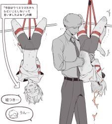 2boys black_and_white blush bondage bound bruise dialogue dialogue_box dialogue_bubble feet fetish fucafucamold gay gay_male hanging masochism punishment rope rope_bondage sadism skinny stomach submissive submissive_male suit suit_and_tie suspension suspension_bondage sweat sweaty sweaty_body trembling tummy twink vomit yaoi