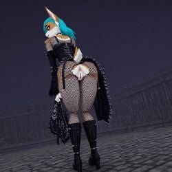 3d ai_generated anthro anthro_female anthro_furry anus boots bunlith_(b0tster) fishnet fishnet_legwear fishnets gothic gothic_clothes gothic_dress high_heel_boots high_heels lowpoly naked pussy standing street vagina