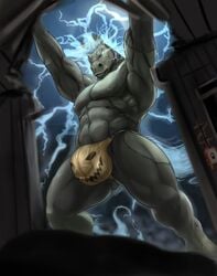 1boy anthro armpits bulge clothed clothing electricity equine food fruit glowing glowing_eyes halloween holidays horse horsekenstein low-angle_view male male_only mammal muscular nipples pumpkin solo thong topless zorrore