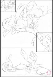 69 close-up comic electricity electrostimulation emolga female fingering harumi licking_fingers monochrome nintendo oral pokemon pokemon_(species) pussy pussy_juice sex snivy yuri