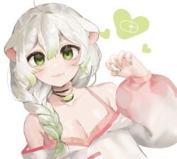 absurdres ahoge animal_ears bare_shoulders blush braid braided_ponytail breasts cleavage commentary computer_mouse cute dayshiart dress english_commentary female ferret ferret_ears ferret_girl food food-themed_necklace fruit gradient_hair green_eyes green_hair green_nails hand_up heart highres indie_virtual_youtuber jacket jewelry laimu lime_(fruit) lime_slice lips looking_at_viewer medium_breasts multicolored_hair necklace pink_nails puffy_sleeves simple_background smile tits two-tone_hair virtual_youtuber vtuber white_hair