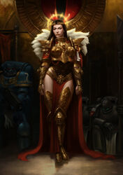 1girls adeptus_astartes armor black_hair bolter cloak emperor female full-length_portrait full_length god-emperor_of_mankind gun half_dressed imperium_of_man portrait power_armor rule_63 skull space_marine standing suggestive ultramarines warhammer_(franchise) warhammer_40k