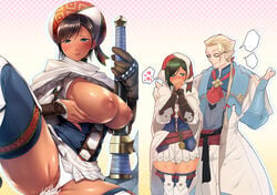 1boy bherna_(armor) black_hair blue_eyes blush breasts brown_hair cum dark_skin female gloves heart inverted_nipples large_breasts light_smile monster_hunter nemu_(nora) nipples pubic_hair sex short_hair spoken_heart sword thighs weapon wide_hips