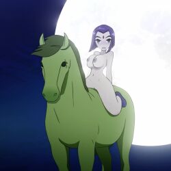 1boy 1girls alternate_version_available animated beast_boy casual dc dc_comics female footwear gurumo horse horseback_riding human male no_sound nonsexual nonsexual_nudity pale_skin purple_hair rachel_roth raven_(dc) teen_titans video