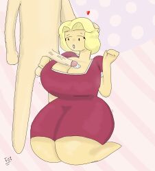 1950s 1boy 1girls 2d 2d_(artwork) 50one american_flag balls big_breasts blonde_female blonde_hair cum cum_on_breasts grabbing_balls hollie_all_american imminent_oral on_knees voluptuous_female