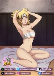 1girls armpit_crease armpit_fetish armpits arms_behind_head arms_up bandage bandages bandages_around_breasts bandages_around_chest bare_arms bare_legs bare_shoulders bare_thighs barefoot bed_sheet big_breasts blonde_hair blush breasts busty cleavage feet female female_focus female_only forehead_protector g-string green_eyes headband hi_res high_resolution highres kneeling large_breasts legs light-skinned_female light_skin looking_at_viewer naruto naruto_(series) naruto_shippuden on_knees open_mouth pale-skinned_female pale_skin panties perky_breasts pigtails pinup shonen_jump shounen_jump shueisha sideboob solo solo_female solo_focus spiky_hair sunagakure_symbol teen teenage_female teenage_girl teenager temari theartsoda thong tied_hair twintails underboob underwear watermark weekly_shonen_jump weekly_shounen_jump white_panties white_thong white_underwear yellow_hair