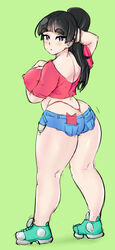 ass_cleavage big_ass black_hair butt_crack cellphone crop_top curvy daisy_dukes ebino_mei hotpants huge_breasts keigi_(artist) long_hair looking_at_viewer looking_over_shoulder ponytail red_thong red_topwear short_shorts sneakers thick_eyebrows thick_thighs thong