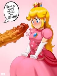 1boy 1girls big_breasts big_penis bowser breasts cheating cum dildo dildo_sitting dildo_under_clothes dress elbow_gloves english_text female female_focus fully_clothed gloves heartbeat huge_cock huge_dildo imminent_sex jlullaby koopa long_hair looking_at_penis male mario_(series) medium_breasts mfa monster_cock nervous netorare nintendo ntr penis pink_background pink_dress precum princess_peach scalie sex_toy sfh simple_background sitting sitting_on_dildo speech_bubble ssfh stomach_bulge sweat text unseen_male_face vein veiny_penis x-ray