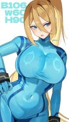 1girls artist_name artist_signature beauty_mark big_breasts blonde_hair blue_bodysuit blue_eyes blush blush_lines blushing bodysuit bracelet bracelets breasts cleavage commentary_request female female_only hair_up hand_on_hip high_ponytail highres large_breasts long_hair looking_at_viewer measurements metroid mole mole_under_mouth navel_visible_through_clothes nintendo ponytail samus_aran shiny_clothes simple_background skin_tight solo super_smash_bros. thick_thighs thin_waist three_sizes tight_clothing wide_hips yasaikakiage zero_suit zero_suit_samus
