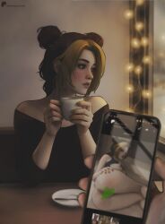 ass asshole blurry blush breasts cafe cum cum_in_pussy cum_inside embarrassed embarrassed_nude_female enf exposed_breasts exposed_nipples exposed_pussy female female_only female_penetrated fully_clothed green_eyes green_hair jojo's_bizarre_adventure joly jolyne_cujoh jolyne_kujo lipstick looking_away meemo.psd nudes_on_phone patreon_username petite phone phone_screen phone_view public public_exposure public_nudity pussy romantic showing_off shy solo_female solo_focus stone_ocean