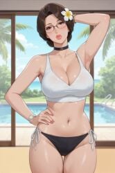 ai_generated bikini_bottom choker crop_top flower_in_hair glasses milf one_arm_behind_head one_hand_on_hip poolside rgomez007 short_hair stable_diffusion string_bikini updo wristwatch