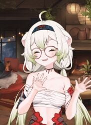 1girls ahoge animated animated_gif bandage_bra bare_shoulders bouncing_breasts breast_focus breast_squish breasts cleavage cute dance female ferret_girl glasses green_hair hypnotic_breasts indie_virtual_youtuber laimu medium_breasts midriff monster_hunter nargacuga_(armor) navel necklace smile swaying_breasts tummy twintails virtual_youtuber vtuber white_hair wrapped_breasts