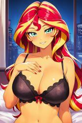 1girls ai_generated big_breasts black_bra bra breasts city city_background cityscape cleavage equestria_girls female female_only friendship_is_magic hasbro hotel_room indoors large_breasts looking_at_viewer my_little_pony nai_diffusion nail_polish novelai red_nails seductive seductive_look solo solo_female stable_diffusion sunset_shimmer window