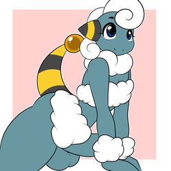 2016 anthro balls big_balls big_penis black_skin blue_eyes blue_skin fur girly hair highres kloudmutt looking_up male male_only mareep nintendo nude penis pokemon pokemorph smile solo stripes thick_thighs white_fur white_hair yellow_skin