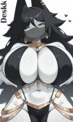 :3 ai_generated animal_ears arms_up big_breasts black_and_white black_clothing black_eyes black_hair black_panties breasts close-up curvy curvy_female curvy_figure dancer_outfit dancing deskk female focus_on_boobs fundamental_paper_education hands_on_breasts heart_symbol hi_res jewelry long_hair miss_circle_(fundamental_paper_education) monochrome navel rings smile stomach thick_thighs thong white_background white_skin