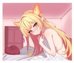 1girls bed blonde_hair breasts chroma_shift chromashift covered_breasts dsuzu elf_ears elf_female elf_girl female female_only hot light-skinned_female light_skin long_hair pointy_ears red_eyes red_hair ruby_runeheart sheets small_breasts smiling virtual_youtuber vtuber vtuberfanart