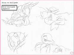 anthro comic egg egg_laying female gameplay_mechanics harumi hatching monochrome nintendo penetration pokemon pokemon_(species) pokemon_battle pussy scolipede snivy text text_box vaginal_penetration video_games yuri