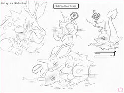 1boy 1girls comic english_text fellatio female gameplay_mechanics harumi health_bar hud male monochrome nidorino nintendo oral penis pokemon pokemon_(species) pokemon_battle pussy sex snivy straight text text_box video_games