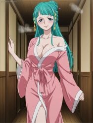 1girl ai_generated artkoikoi big_breasts cleavage curvaceous curvy_female exposed_shoulder female female_only green_eyes green_hair hair_accessories hairbun hand_on_wall kozuki_hiyori long_green_hair long_hair mostly_clothed nailpolish one_piece pink_nail_polish pink_robe