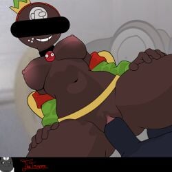 8_ball aged_up anonymous_male brown_body censored_eyes christmas christmas_outfit dandy's_world dandys_world green_clothing little_helper_toodles nipples object_head roblox the_tracer_(artist) toodles_(dandy's_world)