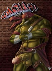 1boy 2016 abs anthro balls biceps big_muscles clothed clothing erection hi_res jakensitou male male_only muscular muscular_male nude penis raphael reptile scalie simple_background smile solo teenage_mutant_ninja_turtles teeth turtle