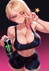 2025 ai_generated anime asymmetrical_hair bangs bare_shoulders bike_shorts blonde_hair blue_eyes blush breasts can cleavage collarbone covered_nipples crossover ear_piercing eye_contact eyebrow_piercing female female_focus female_only flushed gradient gradient_background gradient_hair gwen_stacy gwen_stacy_(spider-verse) highres holding holding_can huge_breasts large_breasts looking_at_viewer marvel marvel_comics midriff monster_energy multicolored_hair navel nsfw one_eye_closed patreon piercing rognezart shiny shiny_skin shorts smile smiling solo spider-gwen spider-man:_into_the_spider-verse sports_bra star_(symbol) sweat sweaty v