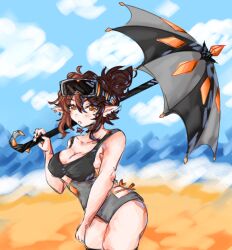 2022 artist_upload beach beach_background big_breasts bigoldstinker bikini boobs chubby chubby_female cleavage ibispaint_(artwork) ibispaintx looking_at_viewer neutral_expression oc original original_character piercings self_upload sfw thick_thighs thighs vampire