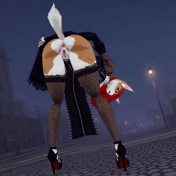 3d ai_generated anthro anthro_female anthro_furry anus boots bunlith_(b0tster) fishnet fishnet_legwear fishnets gothic gothic_clothes gothic_dress high_heel_boots high_heels low_view lowpoly naked pussy standing street vagina
