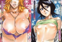 2girls accurate_art_style ai_generated areola areola_slip areolae big_breasts bleach breast_focus breasts christmas duo female female_focus female_only flat_chest grandgoonart huge_breasts kuchiki_rukia light-skinned_female manga manga_cover manga_page manga_style matsumoto_rangiku multiple_girls panties patreon patreon_username shonen_jump size_difference sweater underwear