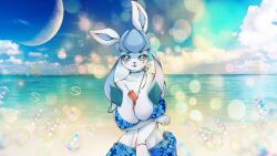 1girls 2023 alternate_version_available anthro beach big_breasts bikini blue_bikini blue_eyes blue_hair blue_sky blur blush blush blush_stickers bokeh bubbles busty busty_female cloud clouds cloudy_sky cure curvy curvy_female curvy_figure ears_up eeveelution eyelashes female front_view furry furry_female furry_only game_freak generation_4_pokemon girl glaceon hd ice_cream ice_cream_on_breasts jiggle_physics jiggling_breasts landscape long_hair looking_at_viewer mammal mdwives moon necklace nintendo nipples_visible_through_clothing open_eyes opne_mouth pink_nose png pokemon pokemon_(species) pokemon_dppt sea standing towel towel_around_neck wallpaper white_sclera