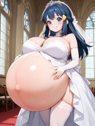1girls ai_generated blue_eyes blue_hair bride bride_gown bride_veil dawn_(pokemon) female female_only holding_pregnant_belly hyper_belly pokemon pokemon_protagonist pokemon_trainer pregnant pregnant_female solo wedding_dress