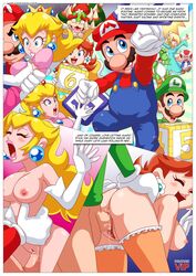 3girls 5boys bbmbbf bowser breasts clothing comic english_text female large_breasts luigi male mario mario_(series) mario_party multiple_boys multiple_girls nintendo nipples palcomixvip.com princess_daisy princess_peach princess_rosalina sex super_mario_bros. tagme text text_box toad_(mario) vaginal_penetration when_the_bros_are_away yoshi