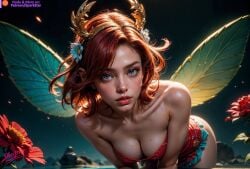 ai_generated ass_up bending_forward blue_eyes cleavage fairy fairy_wings hair_ornament looking_at_viewer lustful_gaze microskirt red_hair rose_(flower) sexy_pose soft_lips spark_star strapless_top sweatdrop