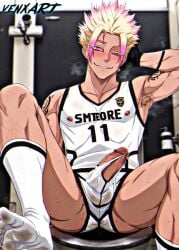 ai_generated armpit_hair armpits blue_lock erection gay gloves leg_hair ryusei_shidou socks solo tattoo torn_clothes underwear venxart yaoi