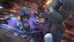 1boy 1girls 3d anal anal_sex anal_sex big_ass big_breasts blizzard_entertainment canine_penis female green_hair huge_breasts interspecies legs_held_open navel_piercing night_elf purple_skin pussy sex thick_thighs thighhighs tyrande_whisperwind voluptuous voluptuous_female warcraft wide_hips worgen world_of_warcraft zentaeron