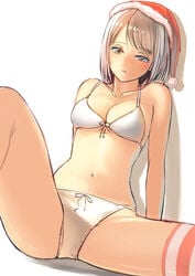 1girls arm_support bra breasts brown_eyes brown_hair christmas cleavage female hair hat headgear highres navel original panties santa_hat shadow short_hair simple_background single_thighhigh sitting solo soratobuiltusa spread_legs thighhighs underwear underwear_only white_background